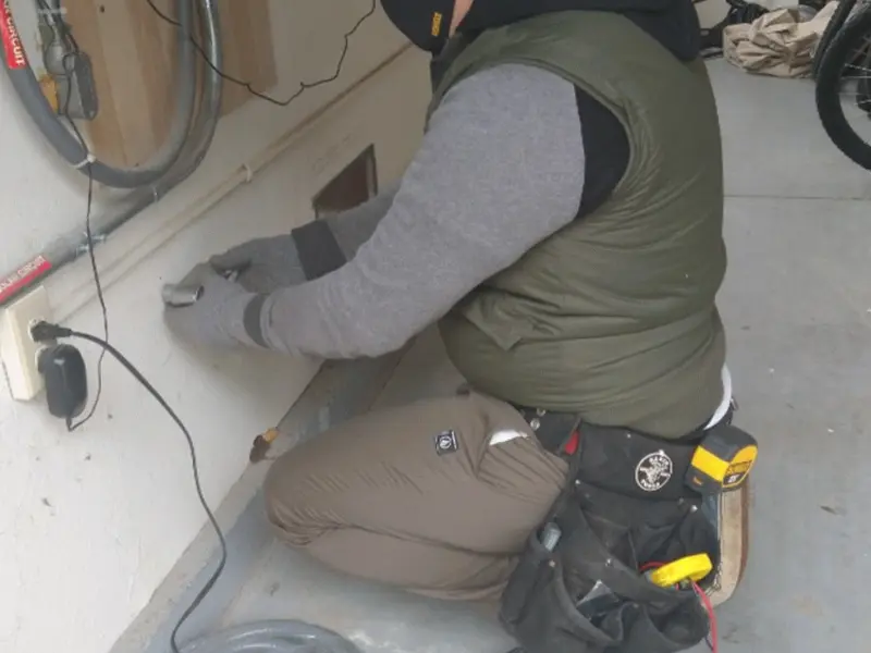 Electrician performing outlet wiring in a Troutman garage